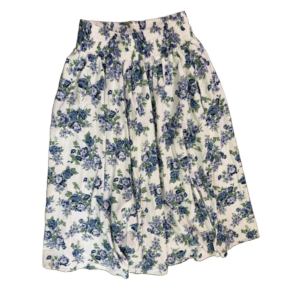 Vintage Paquette Floral Midi Skirt L 24x30 Blue White Smock Elastic Cottagecore